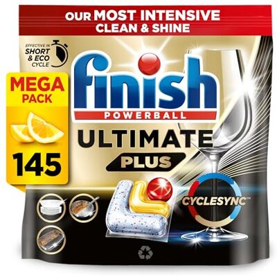 Finish Dishwasher Tablet, Ultimate Plus, 145 Tabs (29 x 5pck), Lemon Sparkle, Tough on Grease, Our Most Intensive Clean & Shine, Effective for Short Eco Cycle Finish Dishwasher Tablet, Ultimate Plus, 145 Tabs (29 x 5pck), Lemon Sparkle, Tough on Grease, Our Most Intensive Clean & Shine, Effective for Short Eco Cycle