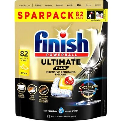Finish Dishwasher Tablets Ultimate Plus Lemon – 82 Capsules with Powerball Three-chamber formula tackles grease and baked-on food for clean, brilliant dishes from the first wash, with no pre-rinse Finish Dishwasher Tablets Ultimate Plus Lemon – 82 Capsules with Powerball Three-chamber formula tackles grease and baked-on food for clean, brilliant dishes from the first wash, with no pre-rinse
