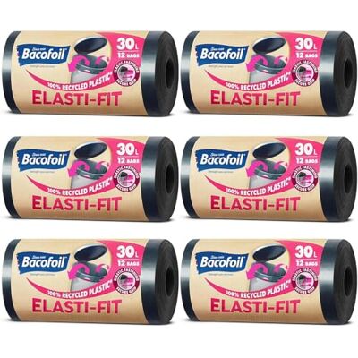 Bacofoil Elasti-Fit Bin Liners 30L Recycled bin bags, 6 Rolls (72 Bags) Leak-Proof, Elastic Fastening for Secure Fit Made from 100% Recycled Plastic Eco-Friendly Waste Disposal. Bacofoil Elasti-Fit Bin Liners 30L Recycled bin bags, 6 Rolls (72 Bags) Leak-Proof, Elastic Fastening for Secure Fit Made from 100% Recycled Plastic Eco-Friendly Waste Disposal.
