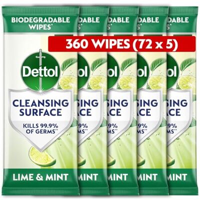 Dettol Antibacterial Cleansing Surface Biodegradable Wipes, Lime and Mint, 360 Wipes (72 x 5pck), Disinfectant, Home Hygiene, Kills 99.9 Percent of Germs Dettol Antibacterial Cleansing Surface Biodegradable Wipes, Lime and Mint, 360 Wipes (72 x 5pck), Disinfectant, Home Hygiene, Kills 99.9 Percent of Germs