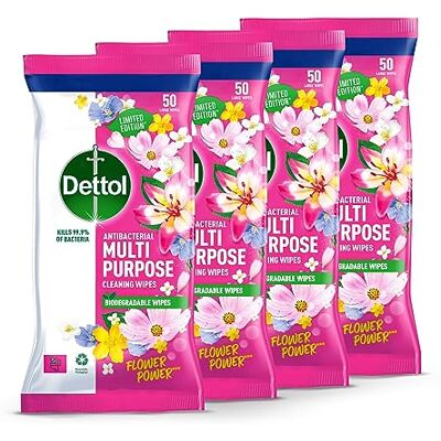 Dettol Flower Power Antibacterial Multipurpose Biodegradable Cleaning Wipes Peony & Rose Fragrance Limited Edition 50s (Pack of 4) Dettol Flower Power Antibacterial Multipurpose Biodegradable Cleaning Wipes Peony & Rose Fragrance Limited Edition 50s (Pack of 4)