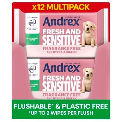 Andrex Fresh & Sensitive Hygiene Wipes, 12 Pack; Flushable Moist Toilet Tissue, Hypoallergenic and Fragrance Free Wet Wipes for Sensitive Skin (30 Sheets x 12 Packs ), FSC Certified Andrex Fresh & Sensitive Hygiene Wipes, 12 Pack; Flushable Moist Toilet Tissue, Hypoallergenic and Fragrance Free Wet Wipes for Sensitive Skin (30 Sheets x 12 Packs ), FSC Certified