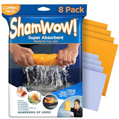 ShamWow The Original Super Absorbent Multi-Purpose Cleaning Shammy Chamois Towel Cloth Holds 10X its Weight in Liquid Machine Washable Will Not Scratch (8 Pack: 4 Large Orange & 4 Small Blue) ShamWow The Original Super Absorbent Multi-Purpose Cleaning Shammy Chamois Towel Cloth Holds 10X its Weight in Liquid Machine Washable Will Not Scratch (8 Pack: 4 Large Orange & 4 Small Blue)