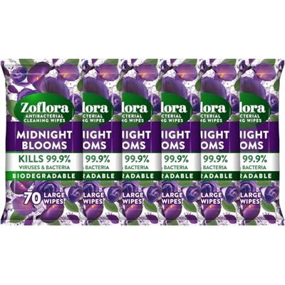 Zoflora Midnight Blooms Large Biodegradeable Wipes, Antibacterial Cleaning, 6 x 70 Wipes Pack, Multi-Surface Disinfectant, Removes Odours & Kills 99.9% of Bacteria & Viruses Zoflora Midnight Blooms Large Biodegradeable Wipes, Antibacterial Cleaning, 6 x 70 Wipes Pack, Multi-Surface Disinfectant, Removes Odours & Kills 99.9% of Bacteria & Viruses