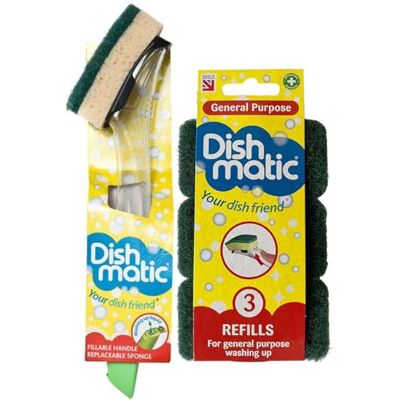 Topest Dishmatic Fillable Washing up Brush and Sponge Easy Grip Dish Cleaner +1 Bonus Refill with 3X Dishmatic General Purpose Brush Sponge Refills Topest Dishmatic Fillable Washing up Brush and Sponge Easy Grip Dish Cleaner +1 Bonus Refill with 3X Dishmatic General Purpose Brush Sponge Refills