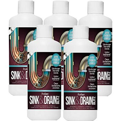 Pro-Kleen 5 x 1 Litre of Sink & Drain Blitz Plughole/Drain Unblocker Dissolves Hair & Grease Super Strength Formula: up to 20 Treatments Pro-Kleen 5 x 1 Litre of Sink & Drain Blitz Plughole/Drain Unblocker Dissolves Hair & Grease Super Strength Formula: up to 20 Treatments