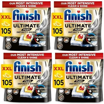 Finish Dishwasher Tablet, Ultimate Plus Infinity Shine, 420 Tabs (105 x 4pck), Lemon Sparkle, Tough on Grease, Our Most Intensive Clean & Shine, Effective for Short Eco Cycle Finish Dishwasher Tablet, Ultimate Plus Infinity Shine, 420 Tabs (105 x 4pck), Lemon Sparkle, Tough on Grease, Our Most Intensive Clean & Shine, Effective for Short Eco Cycle