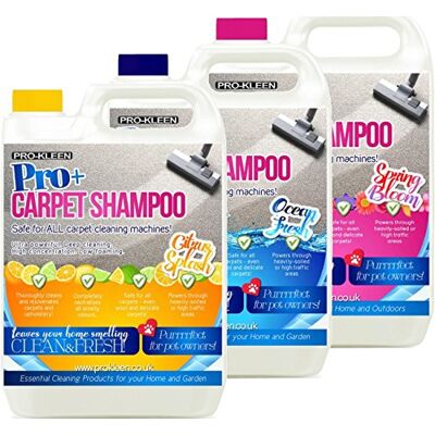 Pro-Kleen Pro+ Carpet and Upholstery Cleaning Solution 3 x 5L – 4 in 1 Concentrate Carpet Shampoo – Suitable for all Machines 5L of Ocean fresh, Citrus and Spring Bloom Pro-Kleen Pro+ Carpet and Upholstery Cleaning Solution 3 x 5L – 4 in 1 Concentrate Carpet Shampoo – Suitable for all Machines 5L of Ocean fresh, Citrus and Spring Bloom