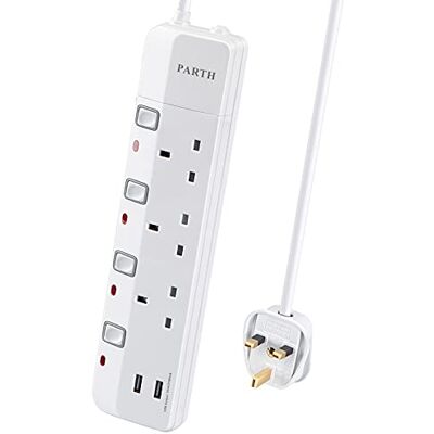 PARTH 3 Socket, 2 Metre Extension Lead with USB Slots for Space Saving QC 3.0 USB A Ports,3250W,13A,Multi Plug, Individual Switches,for Energy Saving,Heavy Duty Cable,for School Home Office PARTH 3 Socket, 2 Metre Extension Lead with USB Slots for Space Saving QC 3.0 USB A Ports,3250W,13A,Multi Plug, Individual Switches,for Energy Saving,Heavy Duty Cable,for School Home Office