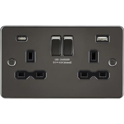 Knightsbridge 13A 2G SP Switched Socket with Dual USB A+C (5V DC 4.0A shared) Gunmetal with Black Insert Knightsbridge 13A 2G SP Switched Socket with Dual USB A+C (5V DC 4.0A shared) Gunmetal with Black Insert