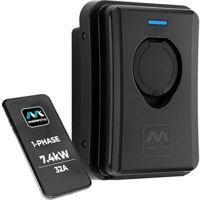 Masterplug Smart EV Home Wall Charger for Type 2 Electric and Plug-In Hybrid Vehicles, Socket Only, Mode 3, Auto-Lock, Solar Charging, Single Phase, Wi-Fi, Black, IP55, 7.4kW, 32A, EVCM3SS7B-MP Masterplug Smart EV Home Wall Charger for Type 2 Electric and Plug-In Hybrid Vehicles, Socket Only, Mode 3, Auto-Lock, Solar Charging, Single Phase, Wi-Fi, Black, IP55, 7.4kW, 32A, EVCM3SS7B-MP