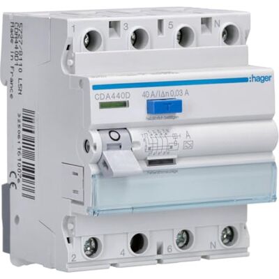 Hager cda440d RCD 4P 40 A 30 mA 6 kA TYPE A DIN rail mounting, 500 V rated voltage, reliable cable protection, screw terminal connection Hager cda440d RCD 4P 40 A 30 mA 6 kA TYPE A DIN rail mounting, 500 V rated voltage, reliable cable protection, screw terminal connection