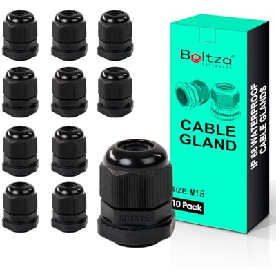 Boltza Black Nylon Cable Gland, IP68 Waterproof, 10 Pack, M18 Cable Connector for Electrical Enclosures, Junction Boxes, Outdoor Use, Conduit Gland Boltza Black Nylon Cable Gland, IP68 Waterproof, 10 Pack, M18 Cable Connector for Electrical Enclosures, Junction Boxes, Outdoor Use, Conduit Gland