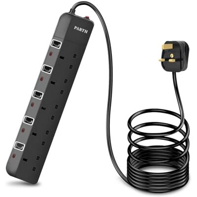 PARTH 5 Way Extension Lead Surge Protected UK Plug Extension Socket With 4M Extra Long Cord Surge Protection Black Extension Cable Individual Switches Heavy Duty Power Strip 5 Gang Sockets 3250W/13A PARTH 5 Way Extension Lead Surge Protected UK Plug Extension Socket With 4M Extra Long Cord Surge Protection Black Extension Cable Individual Switches Heavy Duty Power Strip 5 Gang Sockets 3250W/13A