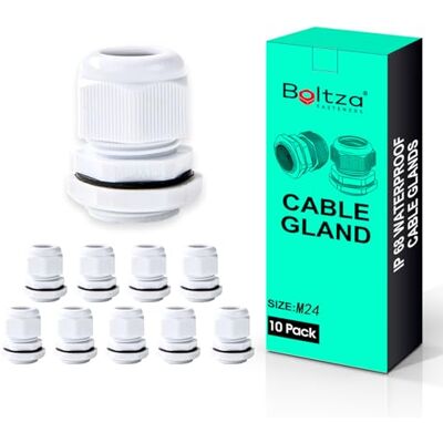Boltza White Nylon Cable Gland, IP68, M24, 10 Pack Waterproof Cable Connector, Electrical Enclosures, Junction Boxes, Outdoor Use, Conduit Gland Boltza White Nylon Cable Gland, IP68, M24, 10 Pack Waterproof Cable Connector, Electrical Enclosures, Junction Boxes, Outdoor Use, Conduit Gland