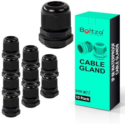 Boltza Black Nylon Cable Gland, IP68, M22, 10 Pack Waterproof Cable Connector, Electrical Enclosures, Junction Boxes, Outdoor Use, Conduit Gland Boltza Black Nylon Cable Gland, IP68, M22, 10 Pack Waterproof Cable Connector, Electrical Enclosures, Junction Boxes, Outdoor Use, Conduit Gland