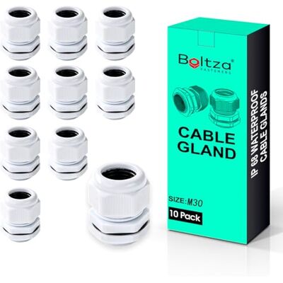 Boltza White Nylon Cable Gland, IP68, M30, 10 Pack Waterproof Cable Connector, Electrical Enclosures, Junction Boxes, Outdoor Use, Conduit Gland Boltza White Nylon Cable Gland, IP68, M30, 10 Pack Waterproof Cable Connector, Electrical Enclosures, Junction Boxes, Outdoor Use, Conduit Gland