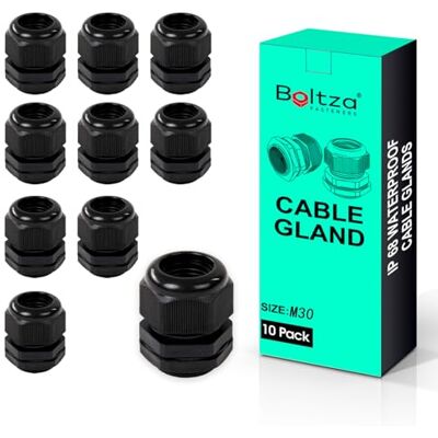 Boltza Black Nylon Cable Gland IP68 M30, 10 Pack Waterproof Cable Connector for Electrical Enclosures, Junction Boxes, Outdoor Use, Conduit Gland Boltza Black Nylon Cable Gland IP68 M30, 10 Pack Waterproof Cable Connector for Electrical Enclosures, Junction Boxes, Outdoor Use, Conduit Gland