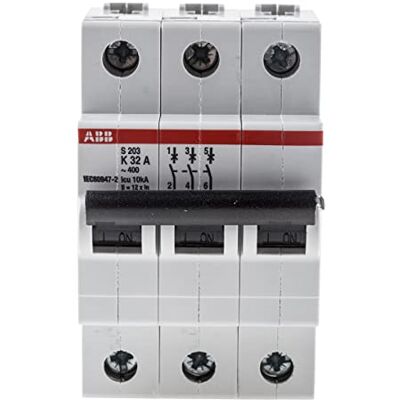 ABB S203-K32 Miniature Circuit Breaker, 3 Pole, Type K, 6/10kA Breaking Capacity, 32 Amp Current (2CDS253001R0537) ABB S203-K32 Miniature Circuit Breaker, 3 Pole, Type K, 6/10kA Breaking Capacity, 32 Amp Current (2CDS253001R0537)
