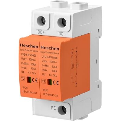 Heschen PV Surge Protective Device 1000VDC 20kA 2P 35mm DIN LYD1-PV1000 Reliable PV lightning arrester for solar combiner boxes. Fast <25ns response, visual fault indicator and 3.5kV protection Heschen PV Surge Protective Device 1000VDC 20kA 2P 35mm DIN LYD1-PV1000 Reliable PV lightning arrester for solar combiner boxes. Fast <25ns response, visual fault indicator and 3.5kV protection