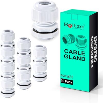 Boltza White Nylon Cable Gland, IP68, 10 Pack (M22) Waterproof Cable Connector for Electrical Enclosures, Junction Boxes, Outdoor Use, Conduit Gland Boltza White Nylon Cable Gland, IP68, 10 Pack (M22) Waterproof Cable Connector for Electrical Enclosures, Junction Boxes, Outdoor Use, Conduit Gland