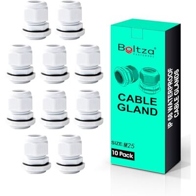 Boltza ® White Nylon Cable Gland, 10 Pack (M25) IP68 Waterproof Cable Connector, Electrical Enclosures, Junction Boxes, Outdoor Use, Conduit Gland Boltza ® White Nylon Cable Gland, 10 Pack (M25) IP68 Waterproof Cable Connector, Electrical Enclosures, Junction Boxes, Outdoor Use, Conduit Gland