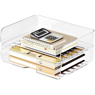 Tomorotec 2-Pack Desk Letter Tray Set, A4 Size Clear PET Stackable Document Organizer Office Desktop File Paper Holder Book Storage Rack Side Load Anti-Skid Stacking Support Convex Bottom Grooved Snap Tomorotec 2-Pack Desk Letter Tray Set, A4 Size Clear PET Stackable Document Organizer Office Desktop File Paper Holder Book Storage Rack Side Load Anti-Skid Stacking Support Convex Bottom Grooved Snap
