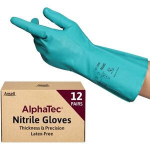 Ansell AlphaTec 37-300 Multipurpose Nitrile Gloves with Long Cuff, Chemical Protection and Food Safety, Reusable Kitchen Gloves, Household Cleaning and Dishwashing, Green, Size L (12 Pairs) Ansell AlphaTec 37-300 Multipurpose Nitrile Gloves with Long Cuff, Chemical Protection and Food Safety, Reusable Kitchen Gloves, Household Cleaning and Dishwashing, Green, Size L (12 Pairs)
