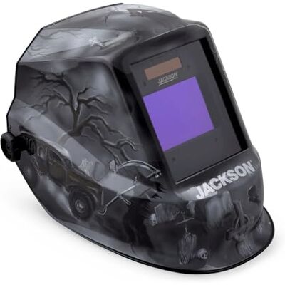 Jackson Premium Auto Darkening Welding Helmet Mask with 3/10 Shade Range, 1/1/1/1 Optical Clarity, 1/25,000 response time, 370 Speed Dial Headgear, 6 Feet Under, Black/Grey/White Plaid, 47100 Jackson Premium Auto Darkening Welding Helmet Mask with 3/10 Shade Range, 1/1/1/1 Optical Clarity, 1/25,000 response time, 370 Speed Dial Headgear, 6 Feet Under, Black/Grey/White Plaid, 47100