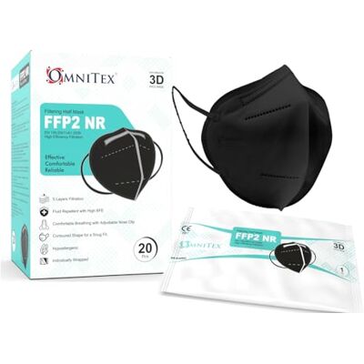 Omnitex FFP2 Black Face Mask Box of 20, Individually Wrapped High Filtration 5 Layers EN149 CE Certified Hypoallergenic Fluid Resistant Adaptable Nose Bridge Omnitex FFP2 Black Face Mask Box of 20, Individually Wrapped High Filtration 5 Layers EN149 CE Certified Hypoallergenic Fluid Resistant Adaptable Nose Bridge