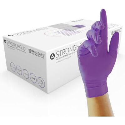 UNIGLOVES Stronghold GM0065 Nitrile Examination Multipurpose, Powder Free and Latex Free Disposable Gloves, AQL 0.65, Box of 100 Gloves, Purple, Extra Large UNIGLOVES Stronghold GM0065 Nitrile Examination Multipurpose, Powder Free and Latex Free Disposable Gloves, AQL 0.65, Box of 100 Gloves, Purple, Extra Large