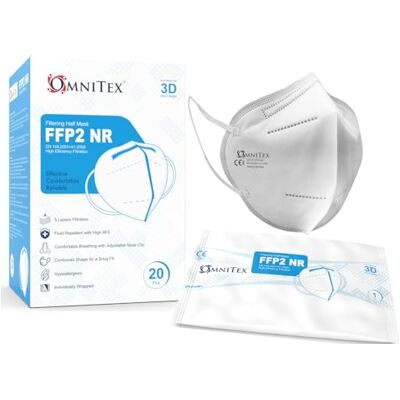 Omnitex FFP2 Face Mask Box of 20, Individually Wrapped High Filtration 5 Layers EN149 CE Certified Hypoallergenic Fluid Resistant Ear Loops & Adaptable Nose Bridge Omnitex FFP2 Face Mask Box of 20, Individually Wrapped High Filtration 5 Layers EN149 CE Certified Hypoallergenic Fluid Resistant Ear Loops & Adaptable Nose Bridge
