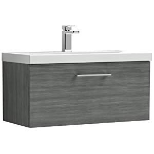 nuie ARN525A Arno Modern Bathroom Wall Hung 1 Drawer Vanity Unit with Mid-Edge Ceramic Basin, 800mm, Woodgrain Anthracite nuie ARN525A Arno Modern Bathroom Wall Hung 1 Drawer Vanity Unit with Mid-Edge Ceramic Basin, 800mm, Woodgrain Anthracite