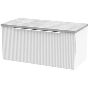 Hudson Reed DFF196LBG Fluted Modern Bathroom Wall Hung 1 Drawer Vanity Unit with Bellato Grey Laminate Worktop, 800mm, Satin White Hudson Reed DFF196LBG Fluted Modern Bathroom Wall Hung 1 Drawer Vanity Unit with Bellato Grey Laminate Worktop, 800mm, Satin White