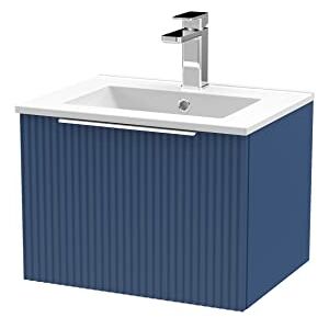 Hudson Reed DFF391B Fluted Modern Bathroom Wall Hung 1 Drawer Vanity Basin Unit with Minimalist Ceramic Basin, 500mm, Satin Blue Hudson Reed DFF391B Fluted Modern Bathroom Wall Hung 1 Drawer Vanity Basin Unit with Minimalist Ceramic Basin, 500mm, Satin Blue