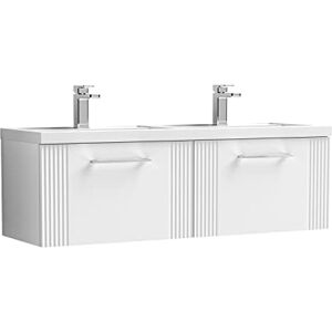 nuie DPF194C Deco Modern Bathroom Wall Hung 2 Drawer Part Fluted Vanity Basin Unit with Twin Polymarble Basin, 1200mm, Satin White nuie DPF194C Deco Modern Bathroom Wall Hung 2 Drawer Part Fluted Vanity Basin Unit with Twin Polymarble Basin, 1200mm, Satin White
