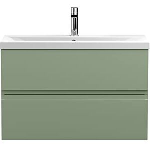 Hudson Reed URB806A Urban Modern Bathroom Wall Hung 2 Drawer Vanity Basin Unit with Mid-Edge Ceramic Basin, 800mm, Satin Green Hudson Reed URB806A Urban Modern Bathroom Wall Hung 2 Drawer Vanity Basin Unit with Mid-Edge Ceramic Basin, 800mm, Satin Green
