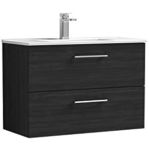 nuie ARN626B Arno Modern Bathroom Wall Hung 2 Drawer Vanity Unit with Minimalist Ceramic Basin, Woodgrain Charcoal Black nuie ARN626B Arno Modern Bathroom Wall Hung 2 Drawer Vanity Unit with Minimalist Ceramic Basin, Woodgrain Charcoal Black
