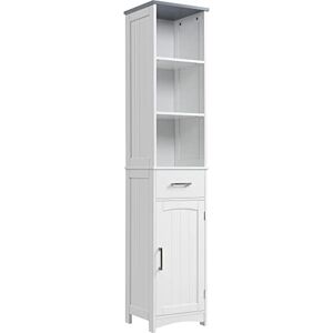 kleankin Tall Bathroom Storage Cabinet with 3 Tier Shelf, Cupboard, Drawer, Door, Freestanding Linen Tower, Slim Side Organizer, White kleankin Tall Bathroom Storage Cabinet with 3 Tier Shelf, Cupboard, Drawer, Door, Freestanding Linen Tower, Slim Side Organizer, White