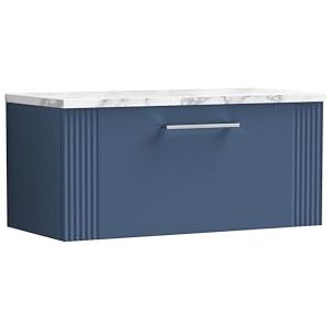 nuie DPF396LCM Deco Modern Bathroom Wall Hung Single Soft Close Drawer Vanity Unit and Carrera Marble Laminate Worktop, 800mm, Satin Blue nuie DPF396LCM Deco Modern Bathroom Wall Hung Single Soft Close Drawer Vanity Unit and Carrera Marble Laminate Worktop, 800mm, Satin Blue