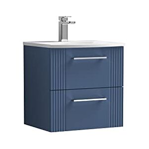 nuie DPF392G Deco Modern Bathroom Wall Hung 2 Drawer Part Fluted Vanity Unit with Curved Ceramic Basin, Satin Blue nuie DPF392G Deco Modern Bathroom Wall Hung 2 Drawer Part Fluted Vanity Unit with Curved Ceramic Basin, Satin Blue