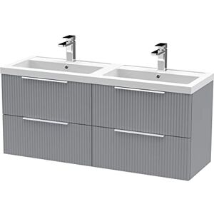 Hudson Reed DFF293C Fluted Modern Bathroom Wall Hung 4 Drawer Double Vanity Basin Unit with Twin Polymarble Basin, 1200mm, Satin Grey Hudson Reed DFF293C Fluted Modern Bathroom Wall Hung 4 Drawer Double Vanity Basin Unit with Twin Polymarble Basin, 1200mm, Satin Grey