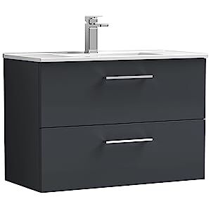 nuie ARN1426B Arno Wall Hung 2 Drawer Vanity Unit & Minimalist Ceramic Basin, 800mm, Soft Black, Small nuie ARN1426B Arno Wall Hung 2 Drawer Vanity Unit & Minimalist Ceramic Basin, 800mm, Soft Black, Small