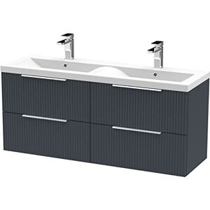 Hudson Reed DFF1493F Fluted Modern Bathroom Wall Hung 4 Drawer Double Vanity Basin Unit with Twin Ceramic Basin, 1200mm, Soft Black Hudson Reed DFF1493F Fluted Modern Bathroom Wall Hung 4 Drawer Double Vanity Basin Unit with Twin Ceramic Basin, 1200mm, Soft Black