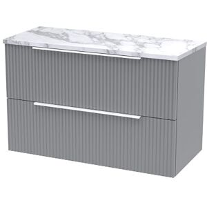 Hudson Reed DFF295LCM Fluted Modern Bathroom Wall Hung 2 Soft Close Drawer Vanity Unit and Carrera Marble Laminate Worktop, 800mm, Satin Grey Hudson Reed DFF295LCM Fluted Modern Bathroom Wall Hung 2 Soft Close Drawer Vanity Unit and Carrera Marble Laminate Worktop, 800mm, Satin Grey