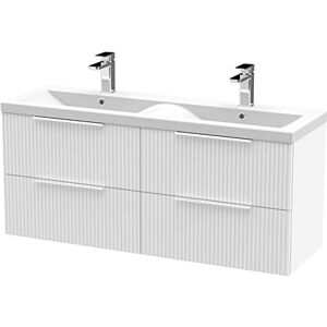 Hudson Reed DFF193F Fluted Modern Bathroom Wall Hung 4 Drawer Double Vanity Basin Unit with Twin Ceramic Basin, 1200mm, Satin White Hudson Reed DFF193F Fluted Modern Bathroom Wall Hung 4 Drawer Double Vanity Basin Unit with Twin Ceramic Basin, 1200mm, Satin White