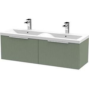 Hudson Reed DFF894F Fluted Modern Bathroom Wall Hung 2 Drawer Double Vanity Basin Unit with Twin Ceramic Basin, 1200mm, Satin Green Hudson Reed DFF894F Fluted Modern Bathroom Wall Hung 2 Drawer Double Vanity Basin Unit with Twin Ceramic Basin, 1200mm, Satin Green