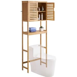 VEVOR Bamboo Over The Toilet Storage Cabinet, 68.9 in Height Bathroom Storage Organizer with Double Door & Inner Adjustable Shelf, Bathroom Space Saver Organizer Above Toilet with Open Shelf, Natural VEVOR Bamboo Over The Toilet Storage Cabinet, 68.9 in Height Bathroom Storage Organizer with Double Door & Inner Adjustable Shelf, Bathroom Space Saver Organizer Above Toilet with Open Shelf, Natural