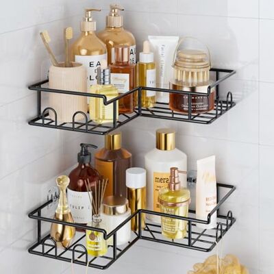 Vinabo Corner Shower Caddy, 2 Pack Rustproof Bathroom Shelves, Shower Shelf No Drilling, Adhesive Bathroom Organiser Accessory with Hooks, Black Vinabo Corner Shower Caddy, 2 Pack Rustproof Bathroom Shelves, Shower Shelf No Drilling, Adhesive Bathroom Organiser Accessory with Hooks, Black