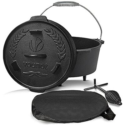 VOUNOT Dutch Oven 4.25 liters, Cast Iron Fire pot, Pre-Seasoned, With Carry Bag, Feet, Lid Lifter, Spiral Handle and Slot for Thermometer, for Camping, Cooking Baking, Black, 4849573756951 VOUNOT Dutch Oven 4.25 liters, Cast Iron Fire pot, Pre-Seasoned, With Carry Bag, Feet, Lid Lifter, Spiral Handle and Slot for Thermometer, for Camping, Cooking Baking, Black, 4849573756951